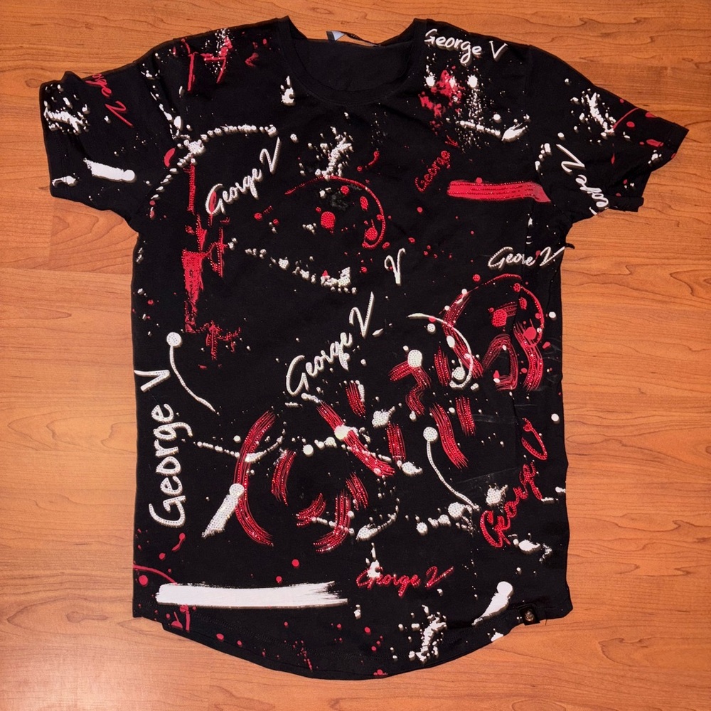 Avenue George V Paris couture, Men’s splatter Logo Shirt, Rhinestones, Nice!